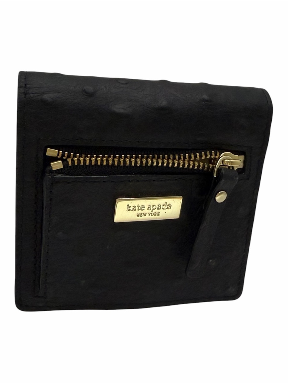 Kate Spade New York Black Ostrich Compact Wallet Gold Hardware Bow Bi-Fold